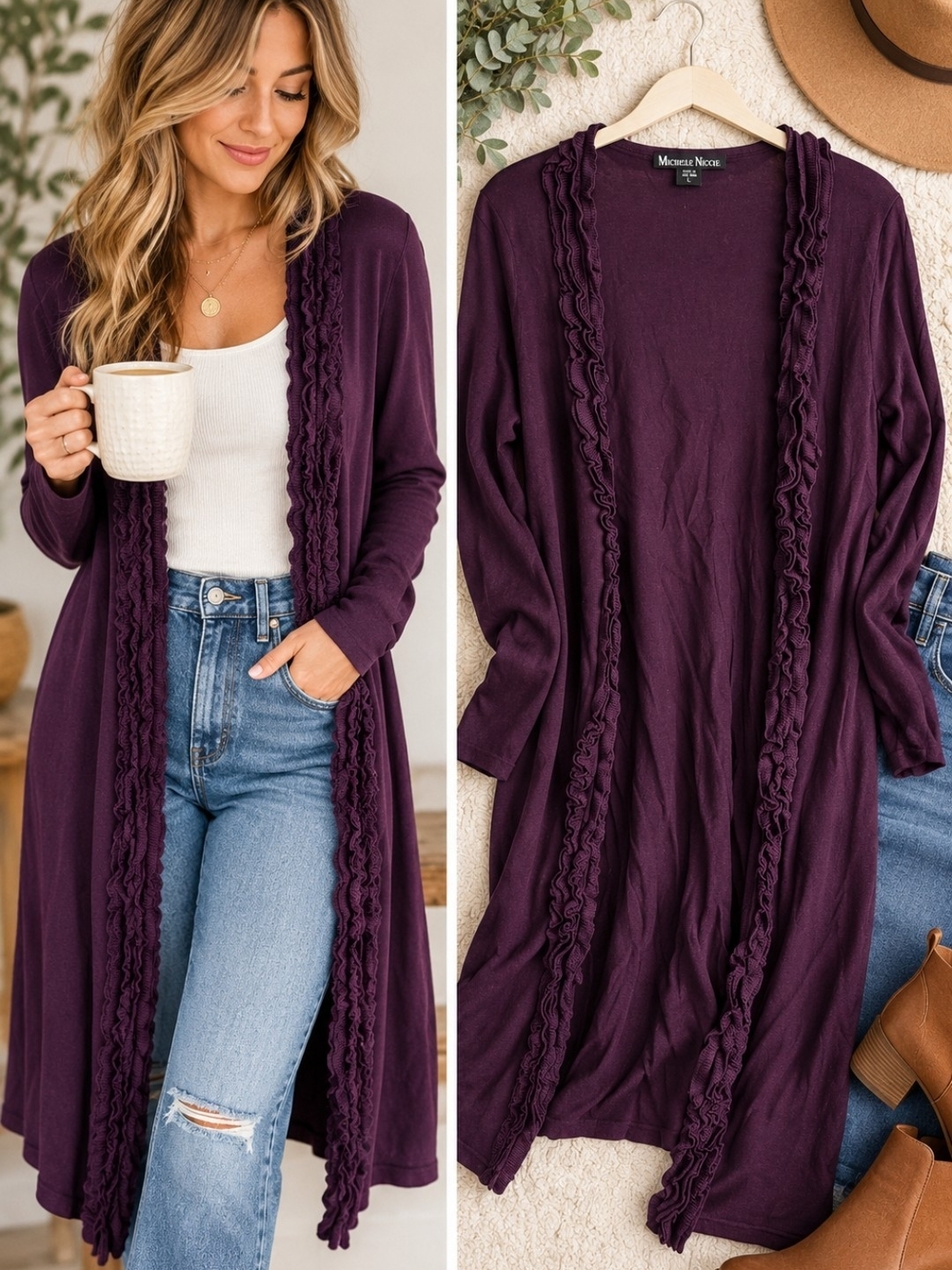 Michelle Nicole Plum Purple Ruffle Longline Cardigan Duster L